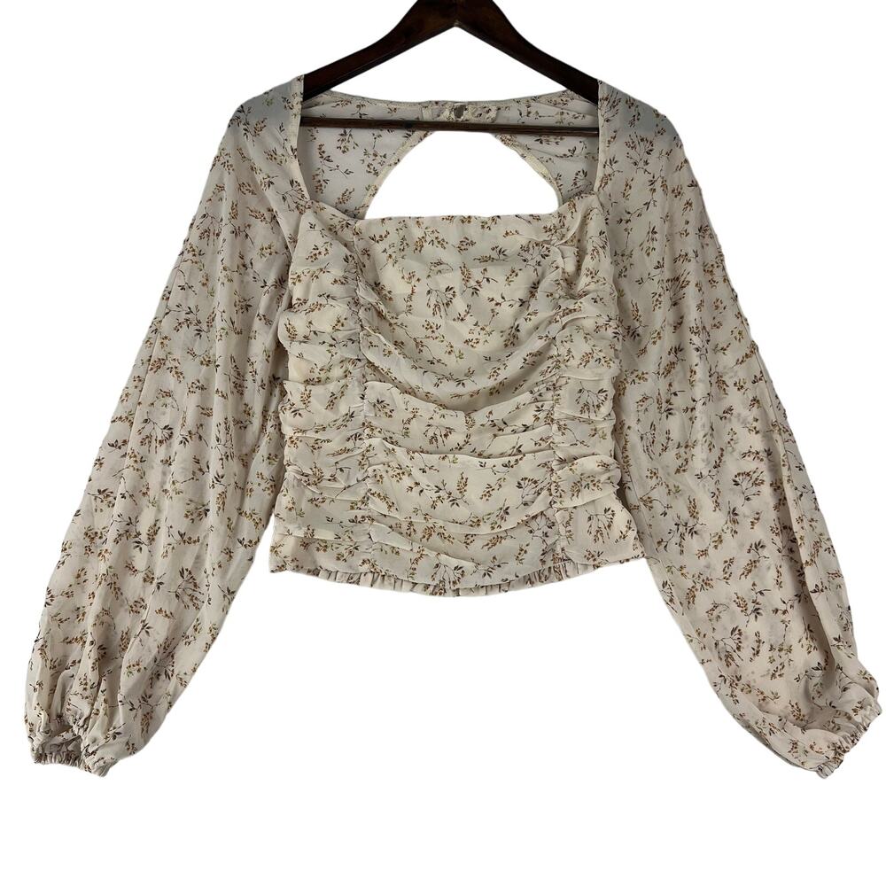 Edit By Nine Womens Bishop Sleeve Crop Blouse L Cream Floral Cottagecore Ruched